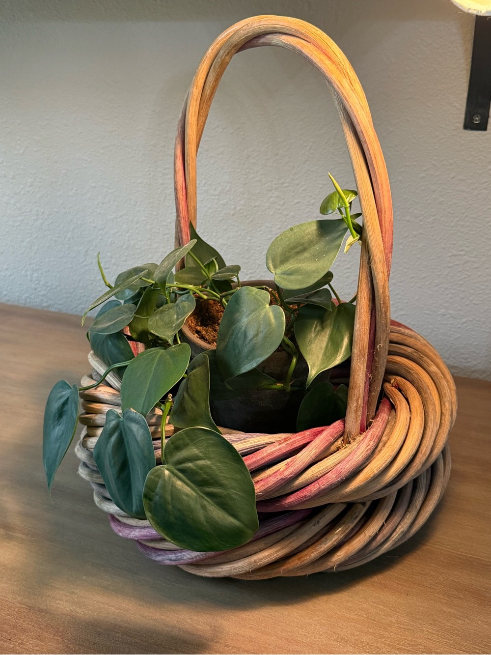 Woven Decorative Basket with Handle in Pink and Natural Tones